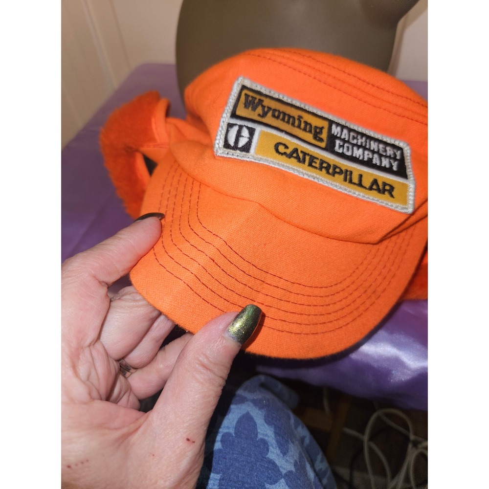 Vintage K-Brand Caterpillar Wyoming Machinery Co Orange Hunting Ear Flap Hat USA - Picture 5 of 5